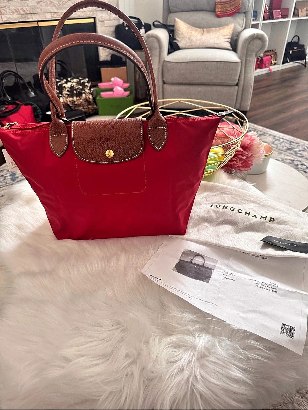 New Longchamp Le Pliage Medium Shoulder Tote in Red & Brown w/COA